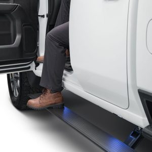 Amp Research Running Board, Powerstep™, Textured Powder Coated, Black, Die Cast Aluminum, With LED Light System, Rocker Panel Mount – 76254-01A