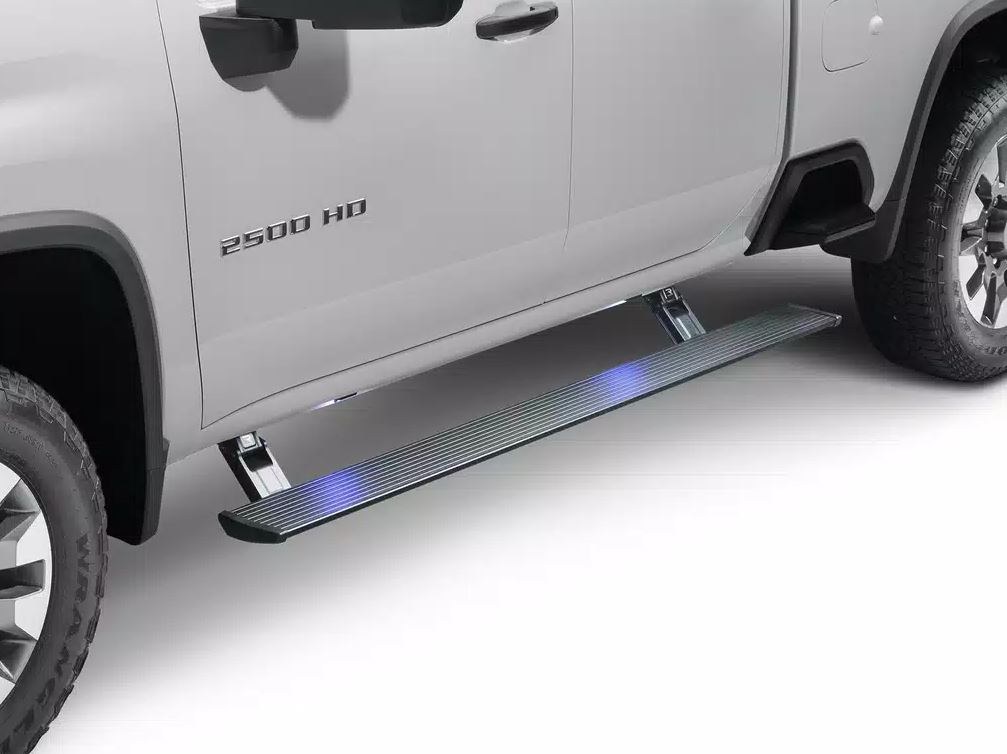 Amp Research Running Board, Powerstep™, Textured Powder Coated, Black, Die Cast Aluminum, With LED Light System, Rocker Panel Mount – 76334-01A