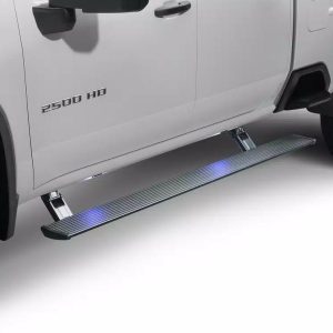 Amp Research Running Board, Powerstep™, Textured Powder Coated, Black, Die Cast Aluminum, With LED Light System, Rocker Panel Mount – 76336-01A