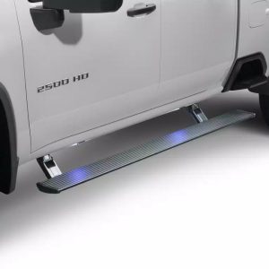 Amp Research Running Board, Powerstep™, Textured Powder Coated, Black, Die Cast Aluminum, With LED Light System, Rocker Panel Mount – 76337-01A