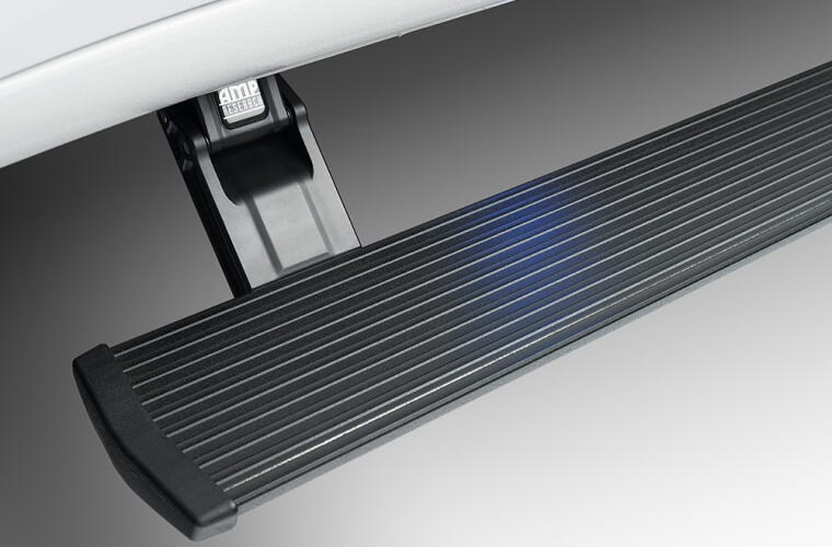 Amp Research Running Board, Powerstep™, Textured Powder Coated, Black, Die Cast Aluminum, With LED Light System, Rocker Panel Mount – 76338-01A