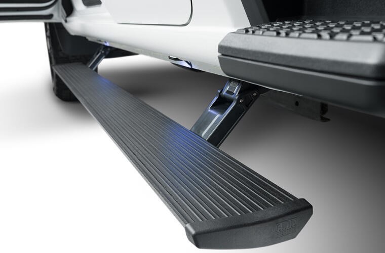 Amp Research Running Board, Powerstep™, Textured Powder Coated, Black, Die Cast Aluminum, With LED Light System, Rocker Panel Mount – 76338-01A
