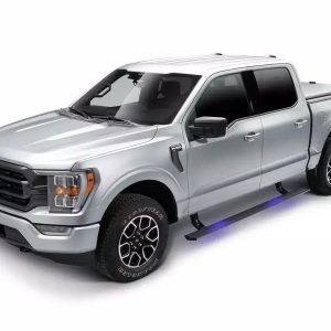 Amp Research Running Board, Powerstep™, Textured Powder Coated, Black, Die Cast Aluminum, With LED Light System, Rocker Panel Mount – 76364-01A