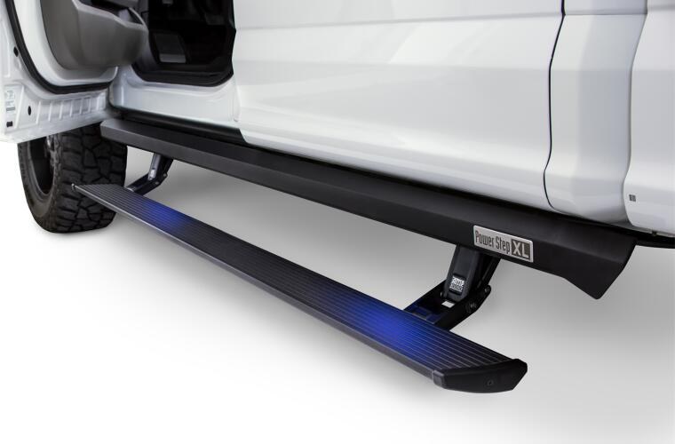 Amp Research Running Board, Powerstep ™ XL, Textured, Black, Die Cast Aluminum, With LED Light System, Rocker Panel Mount – 77152-01A