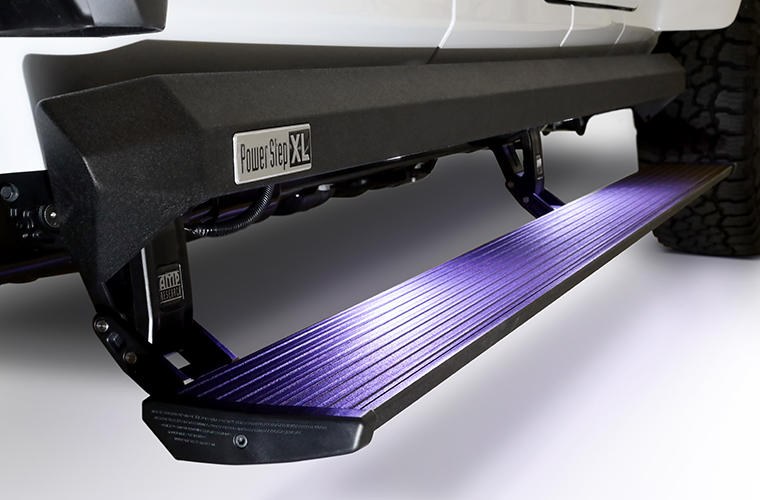 Amp Research Running Board, Powerstep ™ XL, Textured, Black, Die Cast Aluminum, With LED Light System, Rocker Panel Mount – 77152-01A