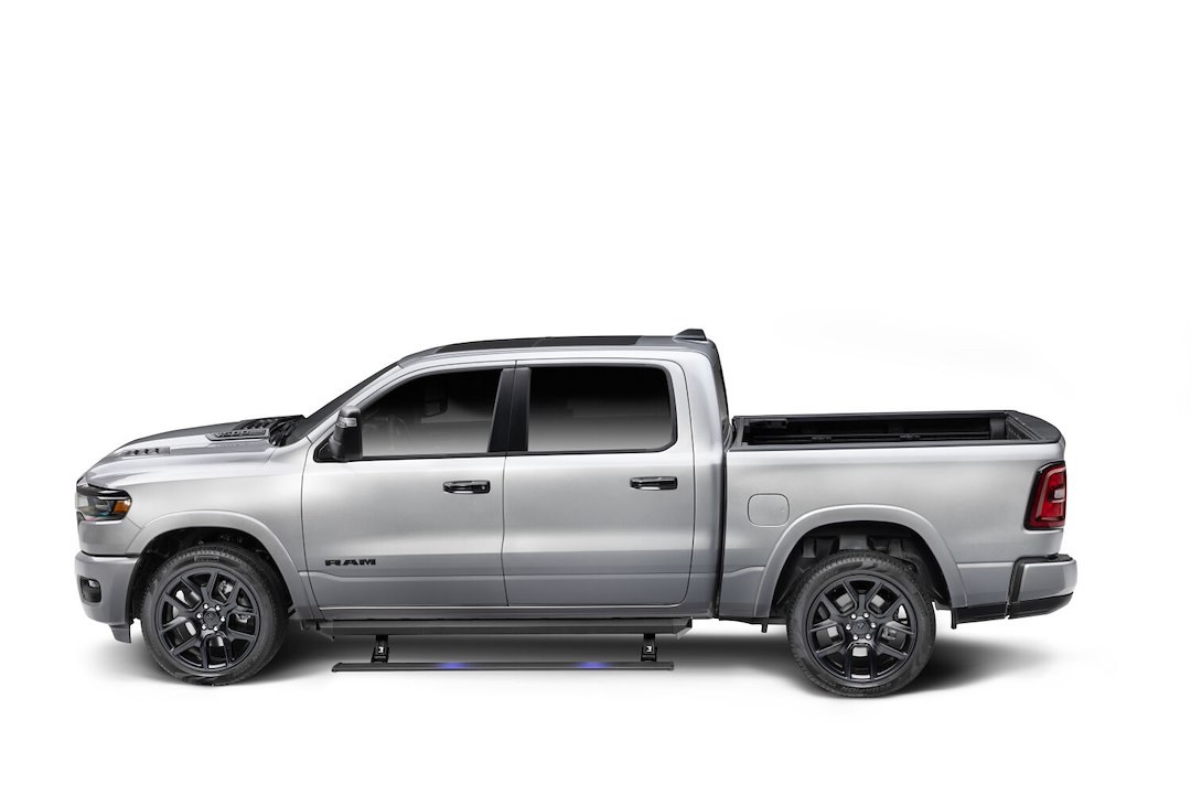 Amp Research Running Board, Powerstep™ XL, Textured, Black, Cast Aluminum, With LED Light System, Rocker Panel Mount – 77364-01A