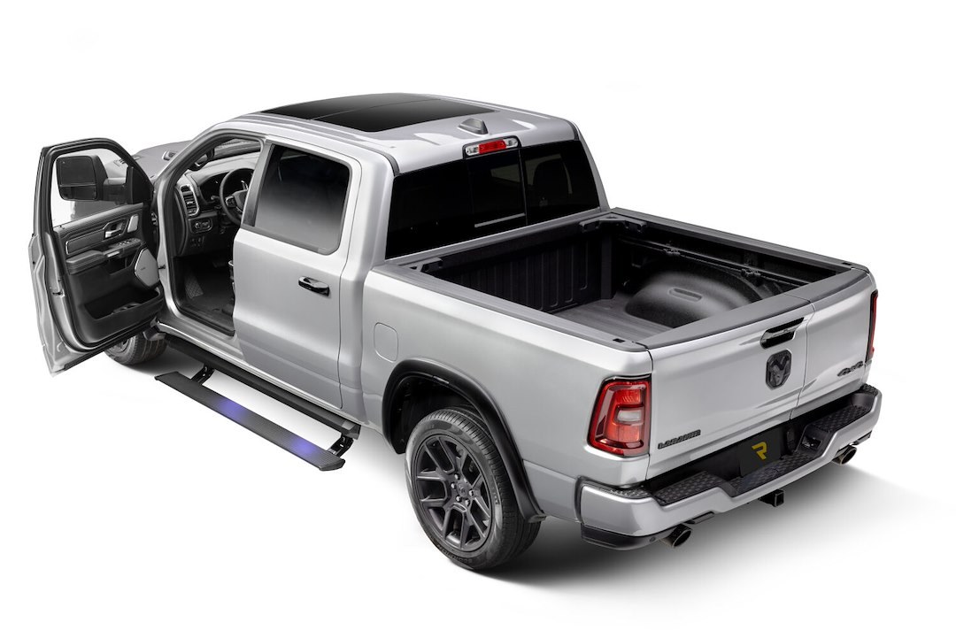 Amp Research Running Board, Powerstep™ XL, Textured, Black, Cast Aluminum, With LED Light System, Rocker Panel Mount – 77364-01A