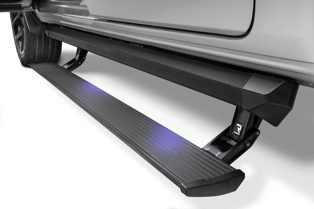 Amp Research Running Board, Powerstep™ XL, Textured, Black, Cast Aluminum, With LED Light System, Rocker Panel Mount – 77364-01A