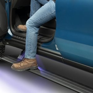 Amp Research Running Board, Powerstep™ Smart Series, Textured, Black, Die Cast Aluminum, With LED Light System, Rocker Panel Mount – 86255-01A