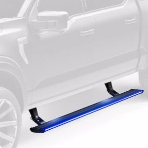 Amp Research Running Board, Powerstep™ Vision, Textured Powder Coated, Matte Black, Cast Aluminum, With Remote Operated LED Light System – 96140-01A