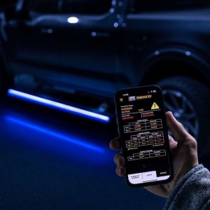 Amp Research Running Board, Powerstep™ Vision, Textured Powder Coated, Matte Black, Cast Aluminum, With Remote Operated LED Light System – 96152-01A
