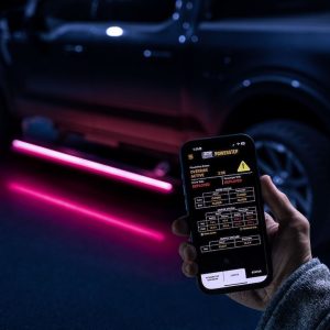 Amp Research Running Board, Powerstep™ Vision, Textured Powder Coated, Matte Black, Cast Aluminum, With Remote Operated LED Light System – 96152-01A