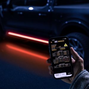 Amp Research Running Board, Powerstep™ Vision, Textured Powder Coated, Matte Black, Cast Aluminum, With Remote Operated LED Light System – 96152-01A