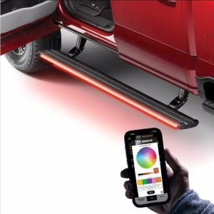 Amp Research Running Board, Powerstep™ Vision, Textured Powder Coated, Matte Black, Cast Aluminum, With Remote Operated LED Light System – 96242-01A