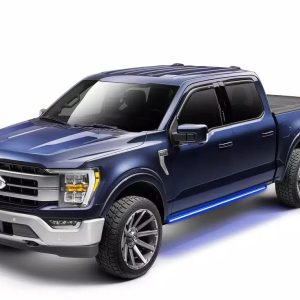 Amp Research Running Board, Powerstep™ Vision, Textured Powder Coated, Matte Black, Cast Aluminum, With Remote Operated LED Light System – 96363-01A