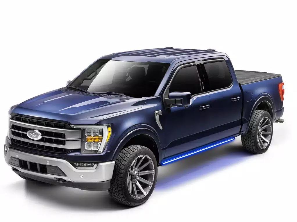 Amp Research Running Board, Powerstep™ Vision, Textured Powder Coated, Matte Black, Cast Aluminum, With Remote Operated LED Light System – 96363-01A