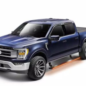 Amp Research Running Board, Powerstep™ Vision, Textured Powder Coated, Matte Black, Cast Aluminum, With Remote Operated LED Light System – 96363-01A