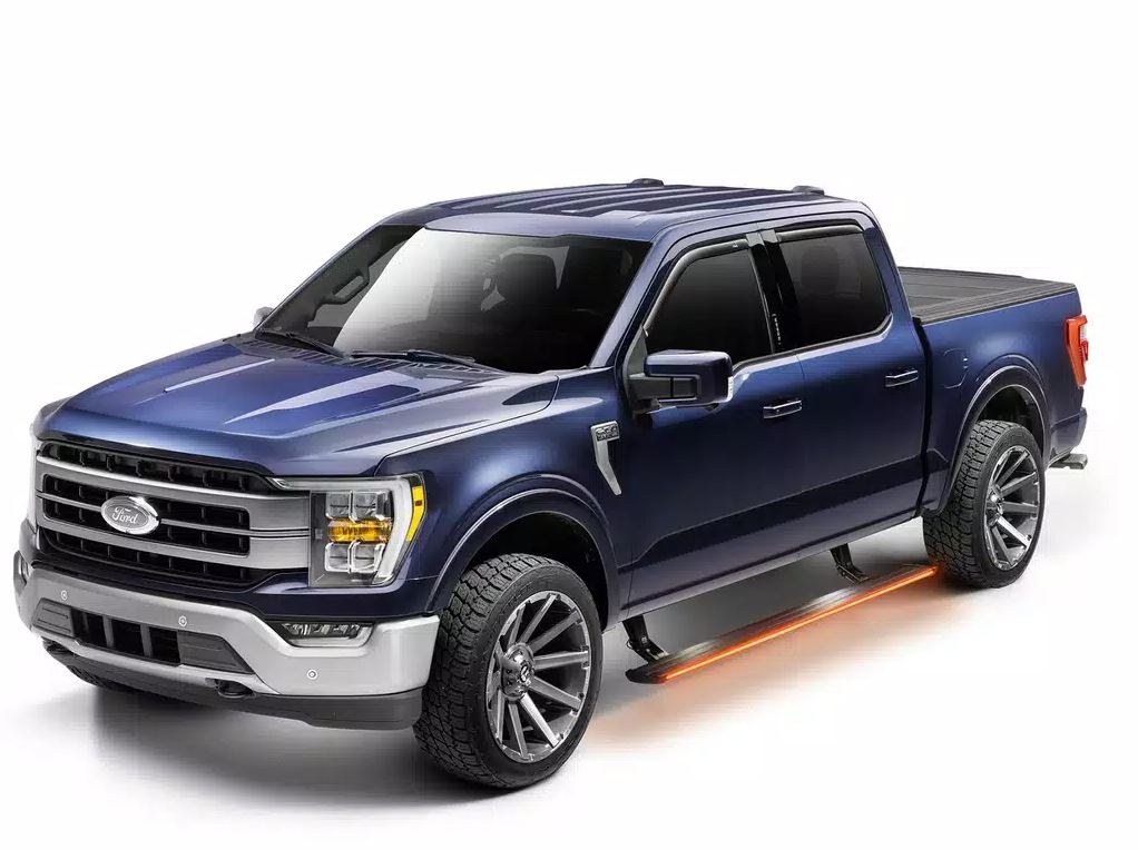 Amp Research Running Board, Powerstep™ Vision, Textured Powder Coated, Matte Black, Cast Aluminum, With Remote Operated LED Light System – 96363-01A