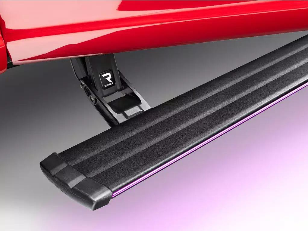 Amp Research Running Board, Powerstep™ Vision, Textured Powder Coated, Matte Black, Cast Aluminum, With Remote Operated LED Light System – 96363-01A