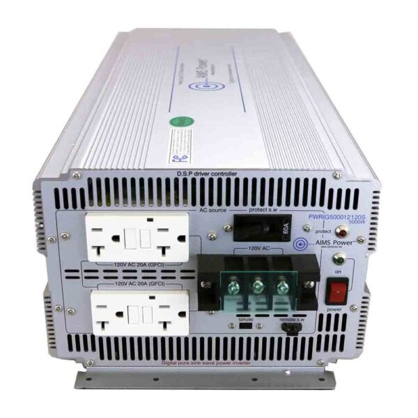 Aims Power Power Inverter, Pure Sine Wave, 12 Volt DC to 120 Volt AC, 5000 Watt, 10000 Watt Surge Capacity, 91 Percent Efficiency – PWRIG500012120S
