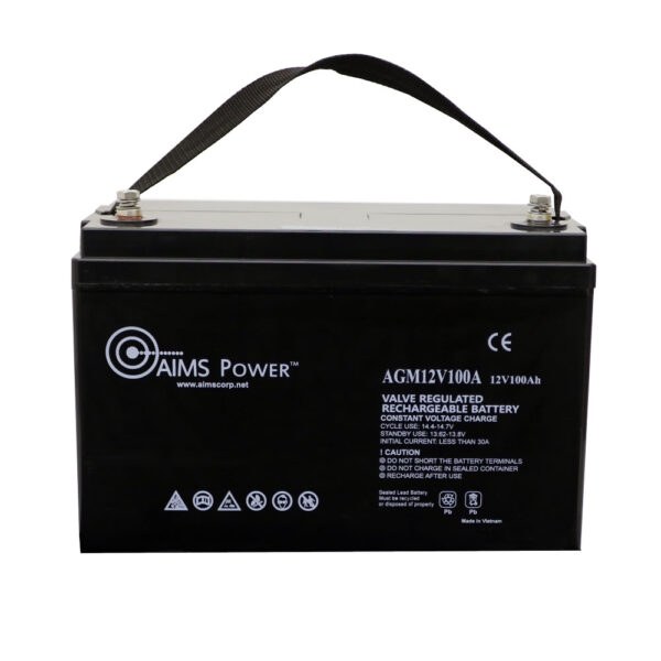 Aims Power Battery, Group 27, AGM Absorbed Glass Mat, 12 Volt, 100 Ampere Hour Capacity, M8 Threaded Stud Top Terminals – AGM12V100A