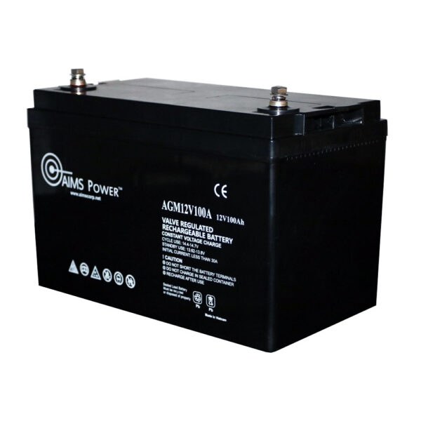 Aims Power Battery, Group 27, AGM Absorbed Glass Mat, 12 Volt, 100 Ampere Hour Capacity, M8 Threaded Stud Top Terminals – AGM12V100A
