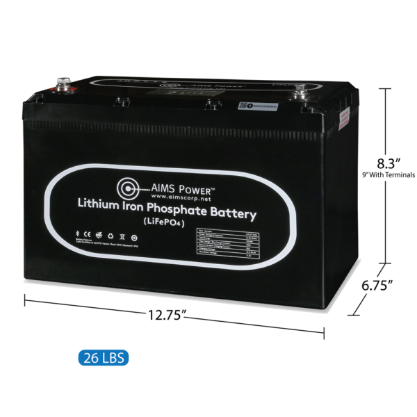 Aims Power Battery, Group 27, 12.8 Volt, 104 Ampere Hour Capacity, M8 Threaded Stud Top Terminals, Lithium Iron Phosphate Style (LiFePO4) – LFP12V104A