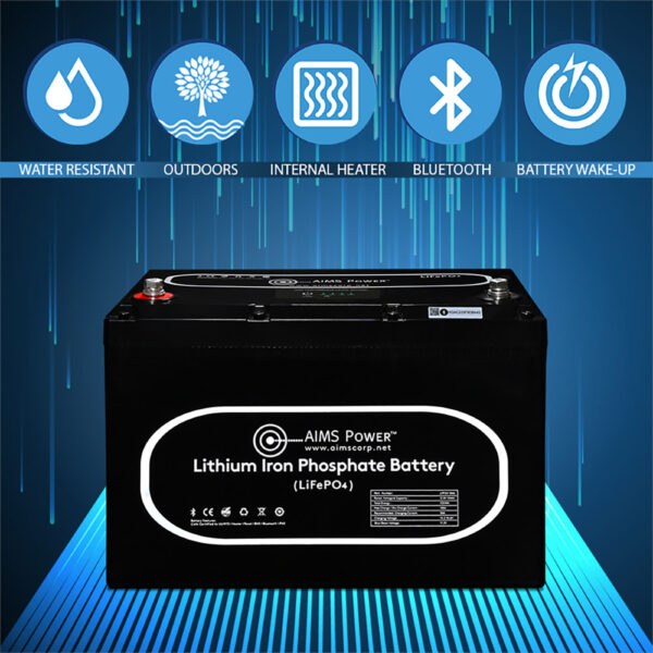 Aims Power Battery, Group 27, 12.8 Volt, 104 Ampere Hour Capacity, M8 Threaded Stud Top Terminals, Lithium Iron Phosphate Style (LiFePO4) – LFP12V104A