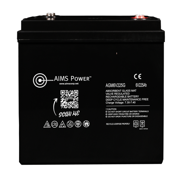 Aims Power Battery, AGM Absorbed Glass Mat, 6 Volt, 225 Ampere Hour Capacity, M8 Threaded Stud Top Terminals, Deep Cycle Battery – AGM6V225G