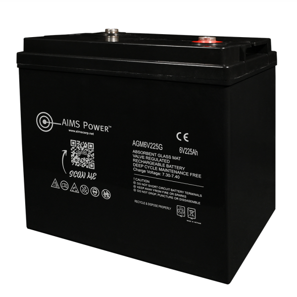 Aims Power Battery, AGM Absorbed Glass Mat, 6 Volt, 225 Ampere Hour Capacity, M8 Threaded Stud Top Terminals, Deep Cycle Battery – AGM6V225G