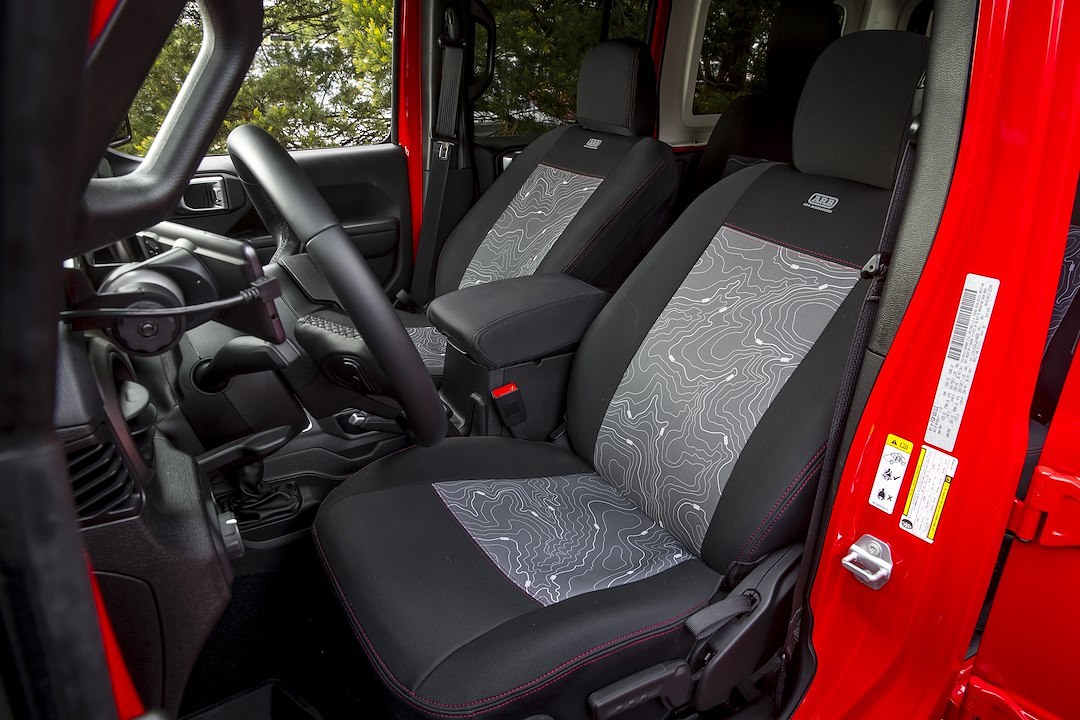 ARB 4×4 Accessories Seat Cover, 60/ 40 Split, With Headrest Covers, Thermoset Elastomer, Black with Gray Topographical MAP Center, Set of 2 – 105506NP
