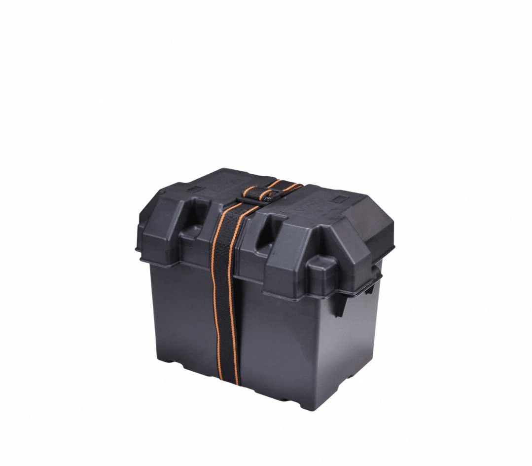 Arcon Battery Box, Fits Group 24 Batteries, Strap Style Box, Black, Polypropylene, Vented – 13034