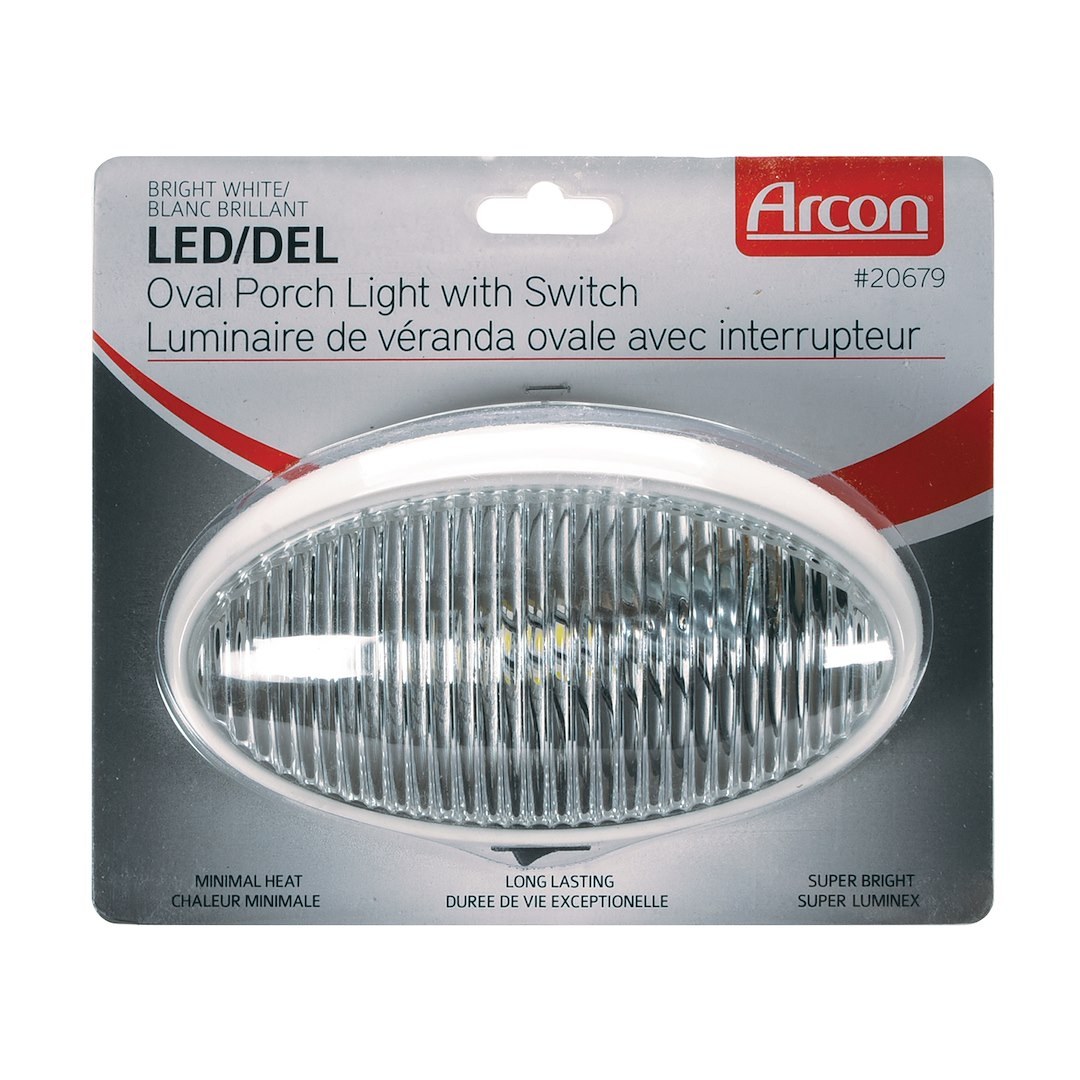 Arcon Porch Light, LED Bulb, 12 Volt, Oval, 6.2 Inch Length X 3.4 Inch Width, Clear Lens, White Base, Single, With Switch – 20679