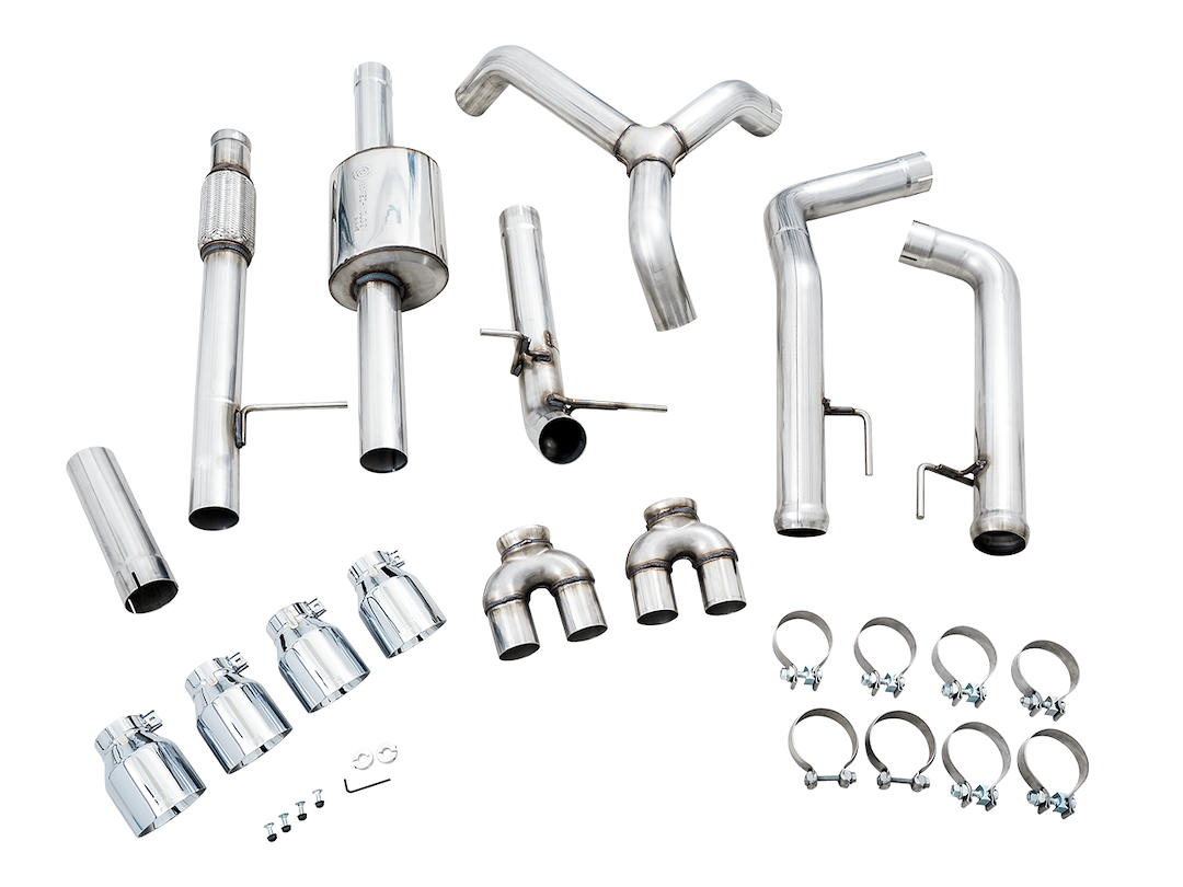 AWE Tuning Exhaust System Kit, 0FG Cat-Back System, Stainless Steel, Without Muffler, Single Exhaust with Dual Exits, Rear Exit – 3015-42201