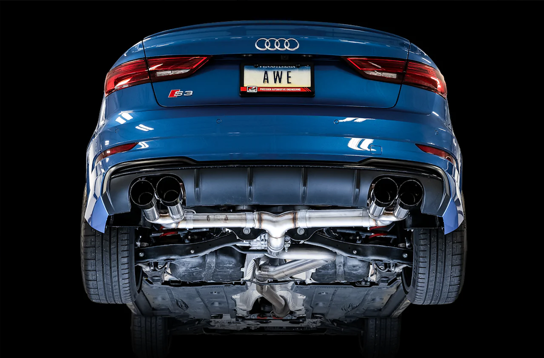AWE Tuning Exhaust System Kit, Track Edition Cat-Back System, Stainless Steel, Without Muffler, Single Exhaust with Dual Exits, Rear Exit – 3015-43150