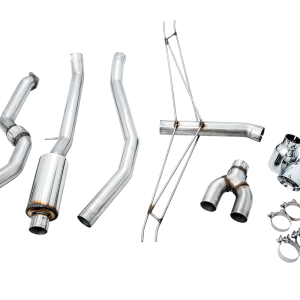 AWE Tuning Exhaust System Kit, Track Edition Cat-Back System, T304 Stainless Steel, Without Muffler, Single Exhaust with Dual Exits – 3020-32052
