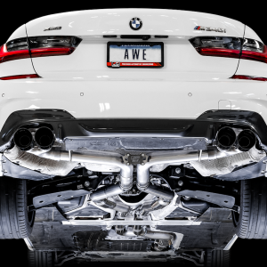 AWE Tuning Exhaust System Kit, Track Edition Cat-Back System, Stainless Steel, Without Muffler, Single Exhaust with Quad Outlet – 3020-43085
