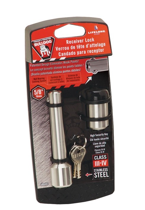 Bulldog/Fult Trailer Hitch Pin, Dogbone, 5/8 Inch Diameter, Stainless Steel, For Use with Class III/ IV Hitch, Keyed Lock, With Dust Cap – 580402