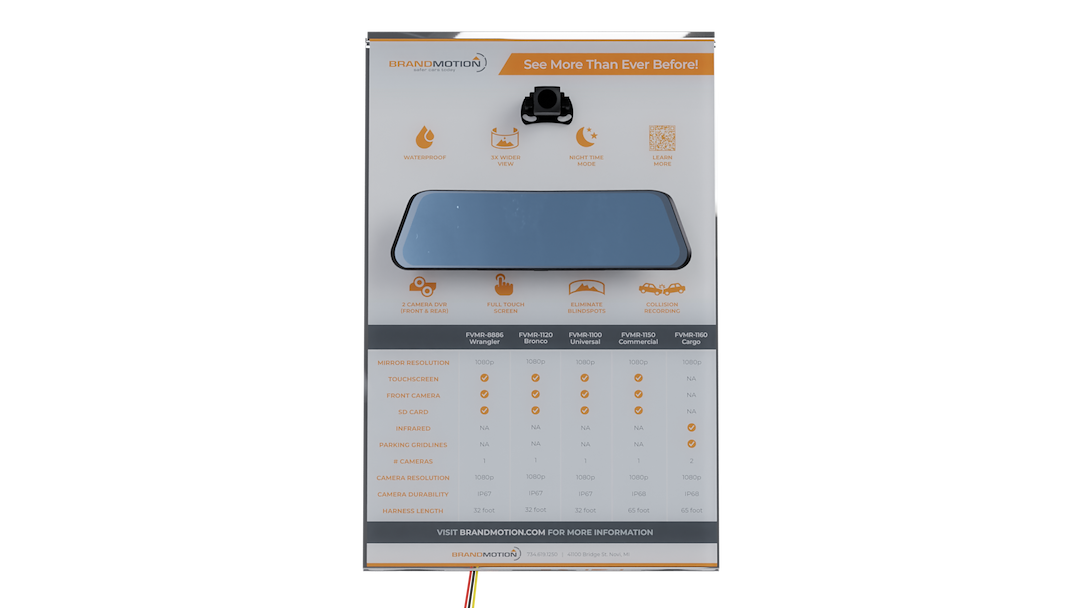 Brand Motion Point of Purchase Display, Fully Functioning Fullvue Mirror and Camera, Slatwall Display, 11 Inch X 17 Inch – DISP-FVMR
