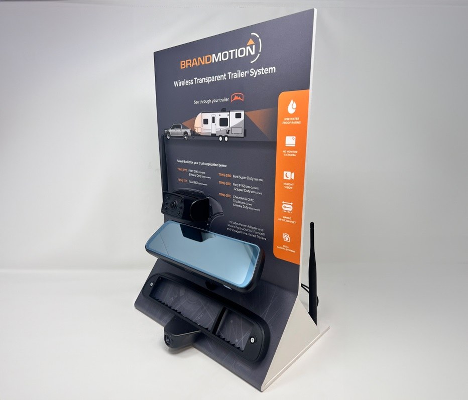 Brand Motion Point of Purchase Display, Wireless Transparent Trailer Display Kit/ Fully Functioning Transparent Trailer Mirror and Cameras – DISP-TRNS