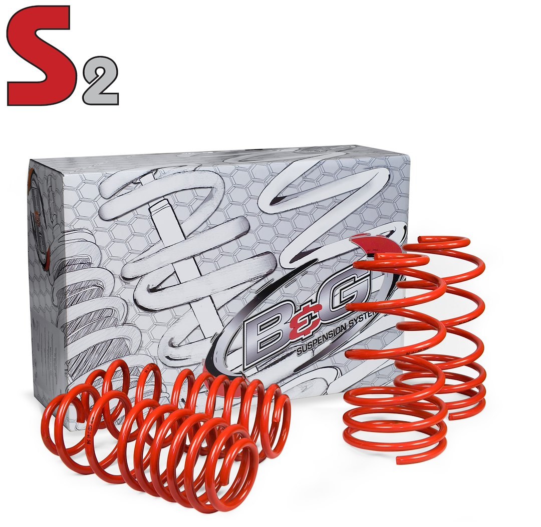B&g Springs Lowering Kit, S2 Series, 1.75 Inch Front Drop/ 1.75 Inch Rear Drop, Without Shocks, Red, With 2 Front and 2 Rear Springs – 28.1.023