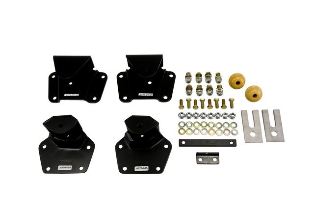 Belltech Leaf Spring Hanger, 4 Inch Drop, Offset Mount, With Bump Stops/ Brake Line Bracket/ Shims/ Hardware – 6574
