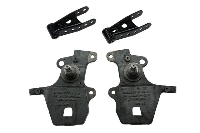 Belltech Lowering Kit, 2 Inch Front/ 2 Inch Rear Drop, Silver/ Black, Without Shock Absorbers, With Front Spindles and Rear Leaf Spring Shackles – 922