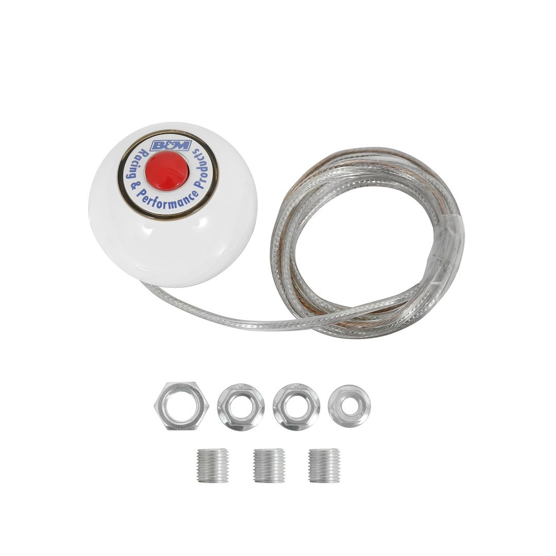 B&m Co Shifter Knob, Threaded, 1/2-20 Thread Size, Round with Clear Lens and B&m Logo Insert, White, Plastic, With Button – 46112