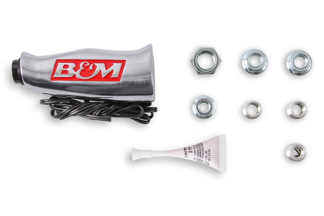 B&m Co Shifter Knob, Threaded, 1/2-20 Thread Size, T Handle with Red B&m Logo, Silver, Brushed Aluminum, With Button – 80658