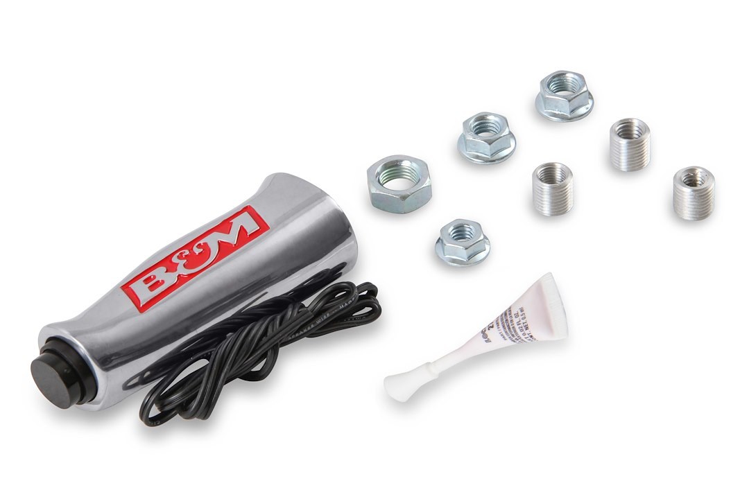 B&m Co Shifter Knob, Threaded, 1/2-20 Thread Size, T Handle with Red B&m Logo, Silver, Brushed Aluminum, With Button – 80658