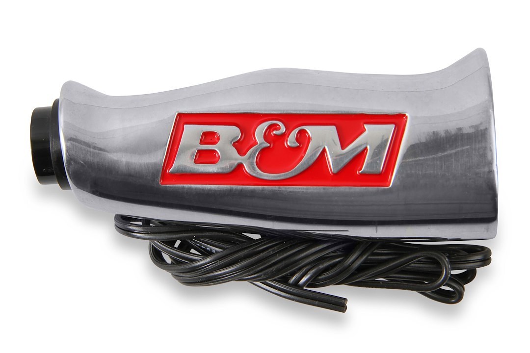 B&m Co Shifter Knob, Threaded, 1/2-20 Thread Size, T Handle with Red B&m Logo, Silver, Brushed Aluminum, With Button – 80658