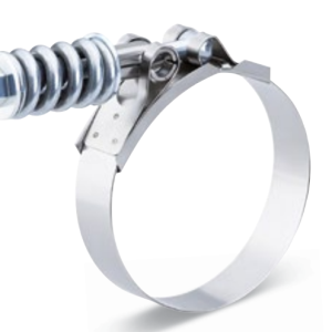 Breeze Hose Clamp, #104 SAE Size, 4-1/8 Inch to 4-7/16 Inch Clamping Range, 3/4 Inch Band Width, Heavy Duty Spring, T-Bolt Style – B92240413