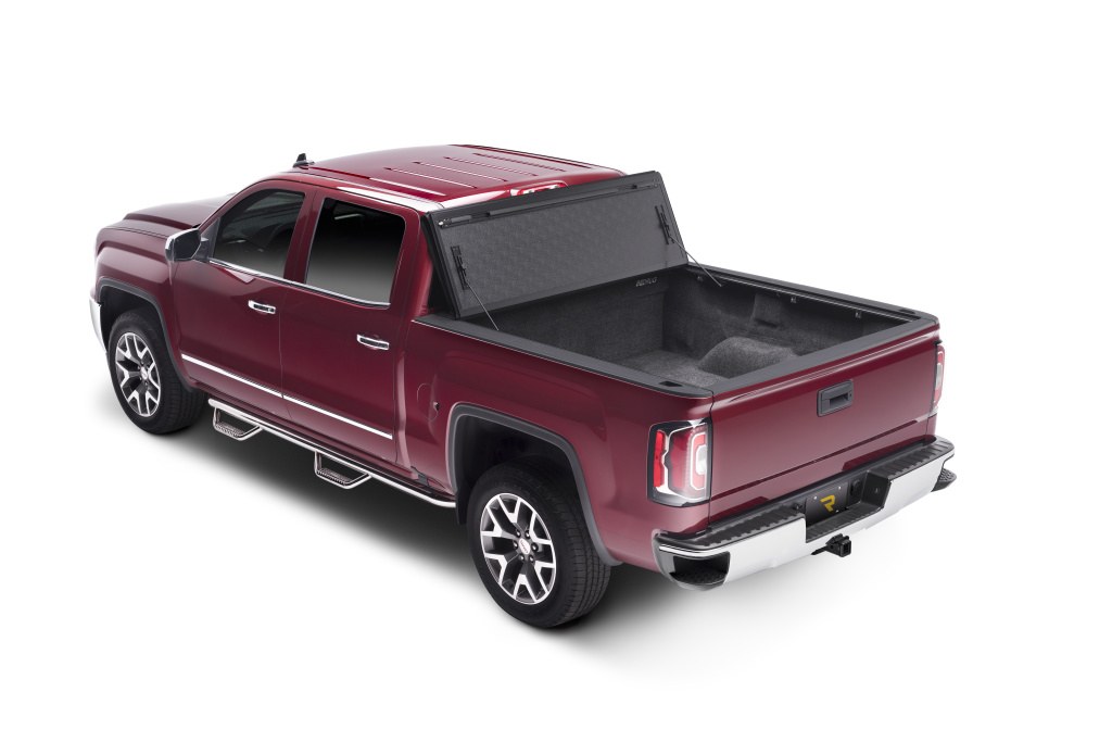 BAK Industries Tonneau Cover, Fibermax, Hard Folding, 2 Folds/ 3 Panels, Front Hinge Allows Entire Tonneau to Flip Up When Folded – 1126101