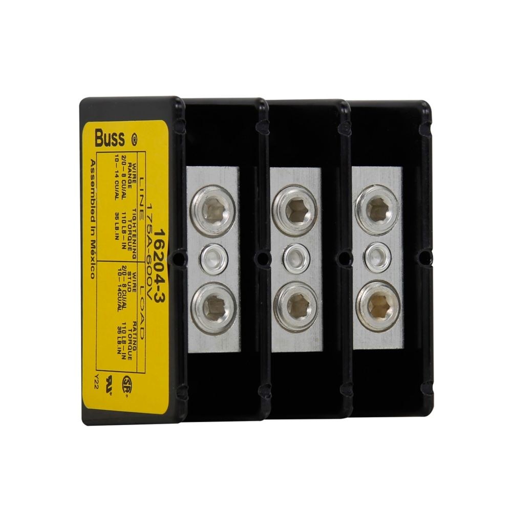 Bussmann Wire Terminal Block, Power Splicer Block, 3 Pole, Tin Plated Aluminum Connector, 175 Ampere, 600 Volt AC/ DC, Black – 16204-3